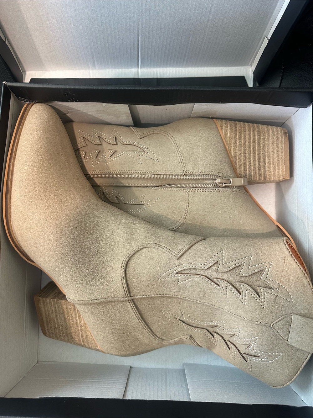 CCOCCI Neutral Beige Western Boots with Stacked Heel